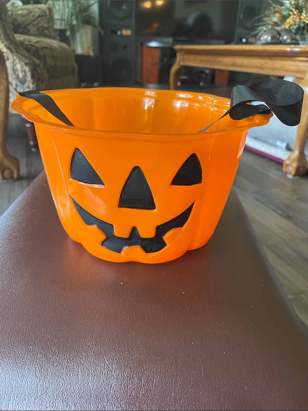 VTG Orange Plastic Jack-O'-Lantern Candy Bucket with Black Face